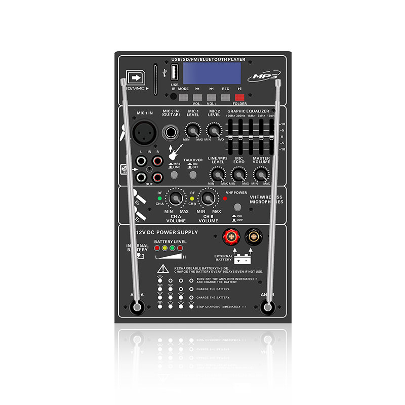 PL13-5EQ: Två mikrofonkanaler och volymkontroll med 5-bands grafisk equalizer uppladdningsbar högtalare funktionell modul