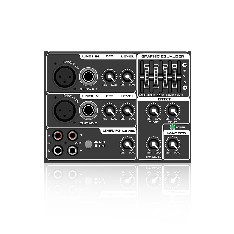 PL3: 5-bands grafisk equalizer och mikrofoneffekt horisontell analog funktionsmodul för klass AB-förstärkare