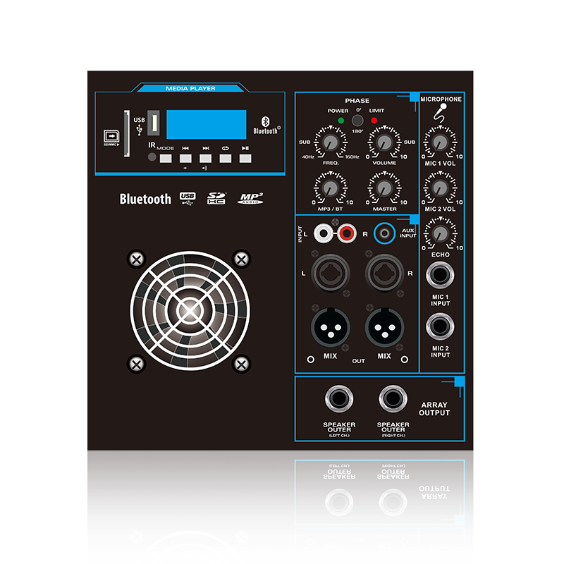 SUB12-2.1+2B: Tvåkanals mikrofon in och mix ut 2.1 eller 2.2 Channel Line Array Speaker Funktionsmodul